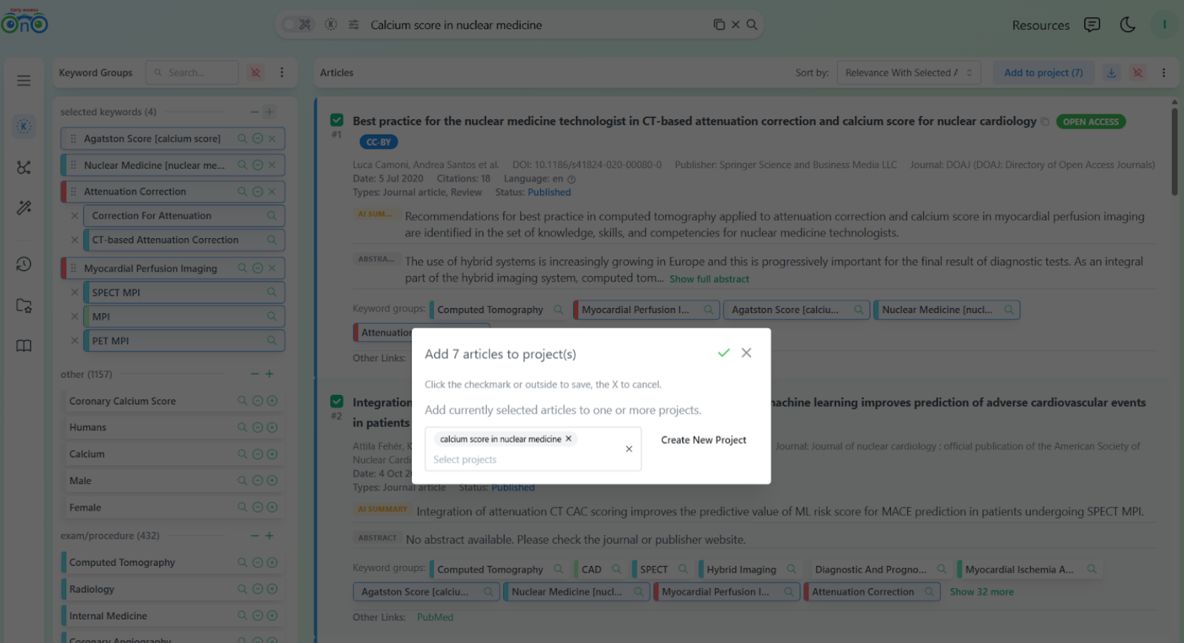 Bionoculars modal for adding 7 selected articles to a project named calcium score in nuclear medicine