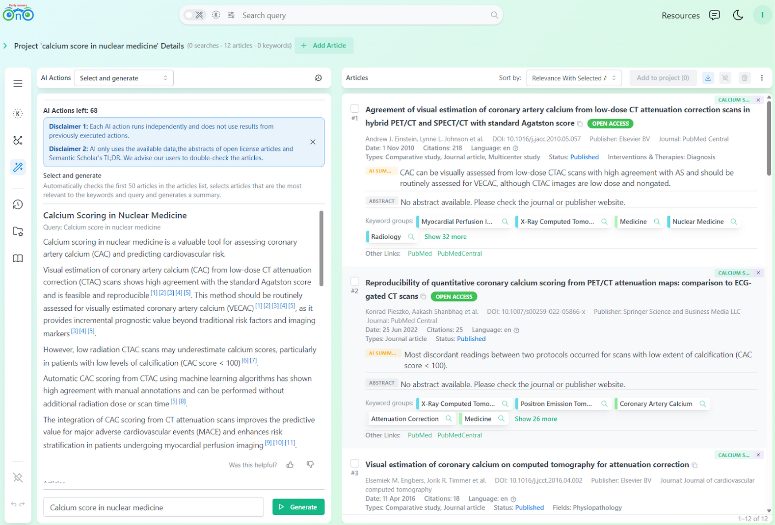 Bionoculars project view with the Select and Generate AI action panel open, showing a summary of calcium scoring in nuclear medicine with numbered citations linked to the 12 collected articles