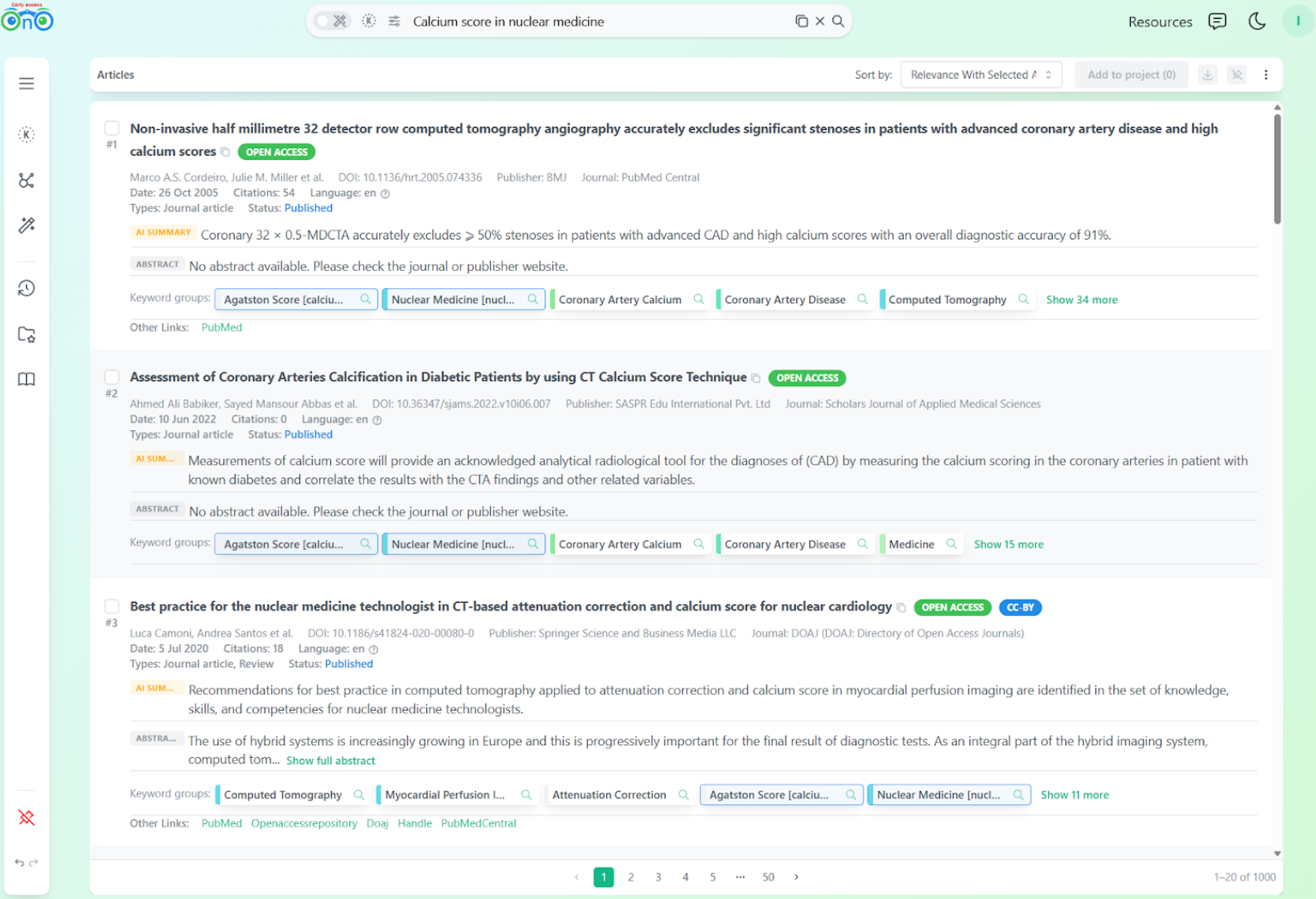 Bionoculars initial search results for calcium score in nuclear medicine, with a keyword groups panel on the left showing Agatston Score, Nuclear Medicine, Coronary Artery Calcium, and Coronary Artery Disease