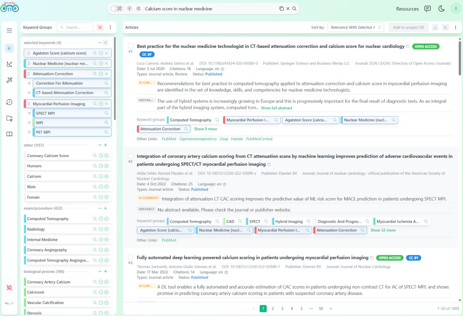 Bionoculars results after selecting Attenuation Correction and Myocardial Perfusion Imaging keyword groups, showing more focused results including articles on SPECT/CT calcium scoring