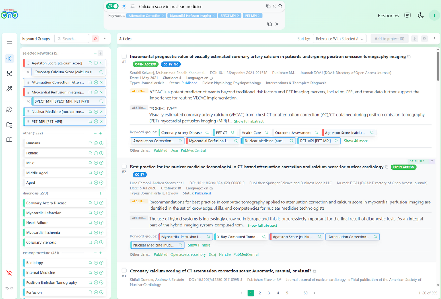 Bionoculars refined search with keywords Agatston Score, Coronary Calcium Score, Attenuation Correction, Myocardial Perfusion Imaging, SPECT MPI, and Nuclear Medicine selected