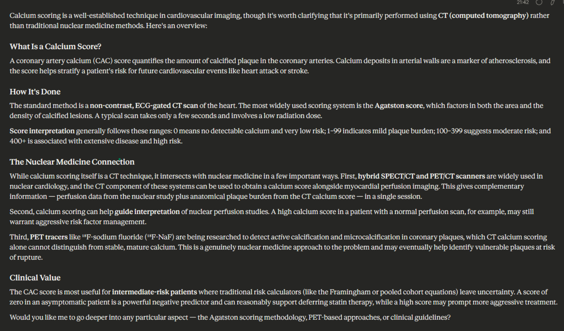 Claude Opus 4.6 initial response about calcium scoring in nuclear medicine, framing it primarily through CT-based approaches