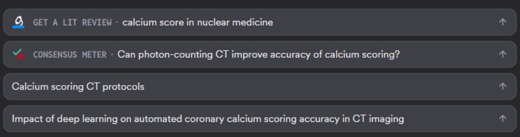 Consensus query suggestion panel showing options such as GET A LIT REVIEW, CONSENSUS METER, Calcium scoring CT protocols, and Impact of deep learning on calcium scoring accuracy