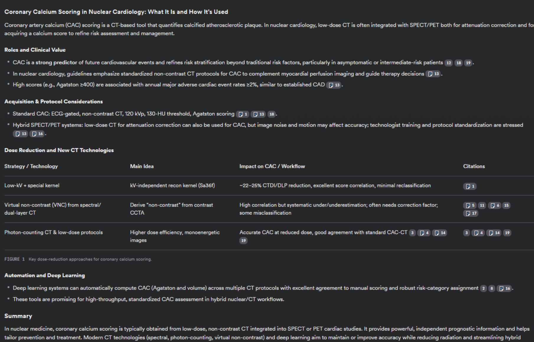 Consensus overview for calcium score in nuclear medicine, showing an answer with multiple citations per statement and a dose-reduction table